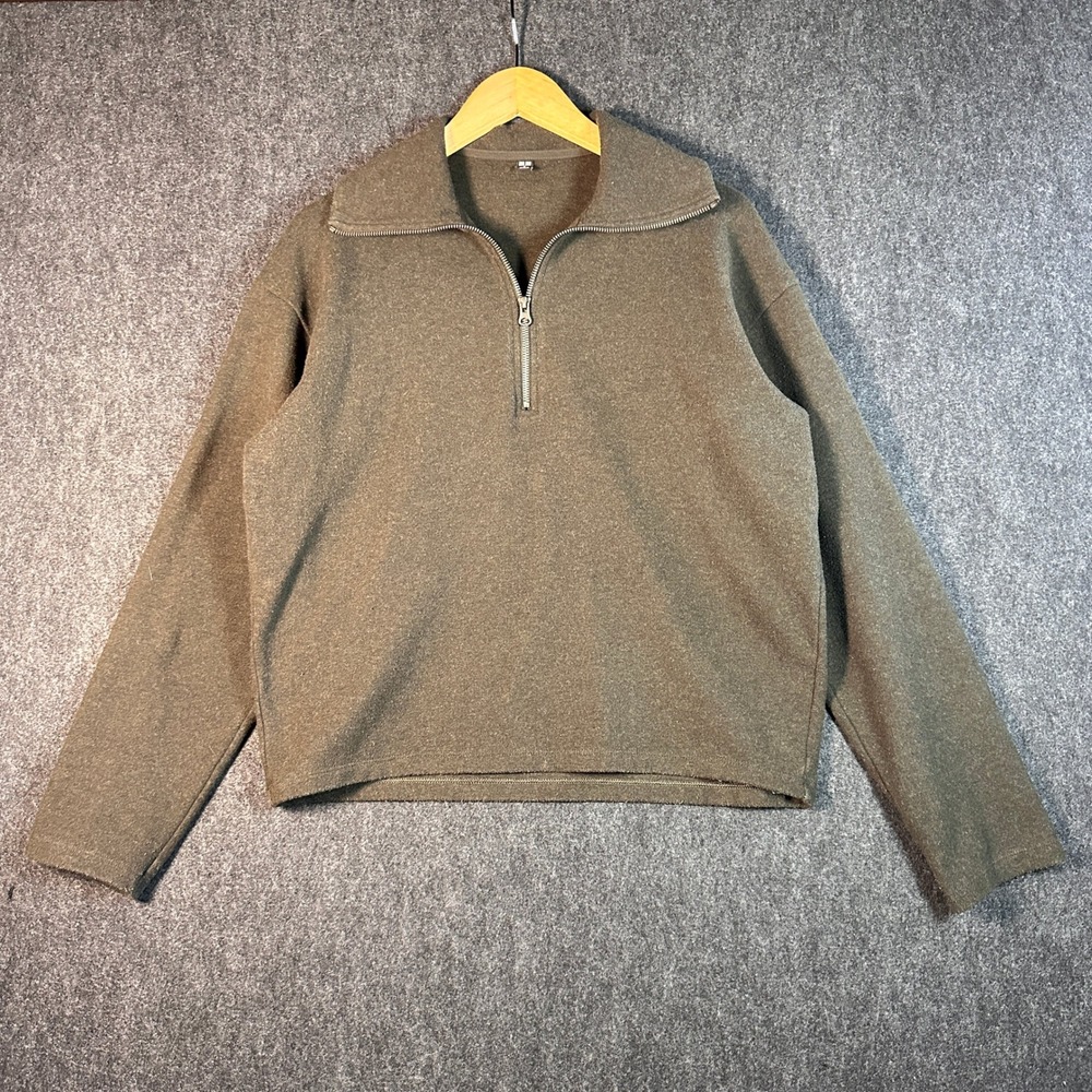 Uniqlo Womens M Olive Brown Brushed Jersey Half-Zip Cropped Pullover Relaxed Fit